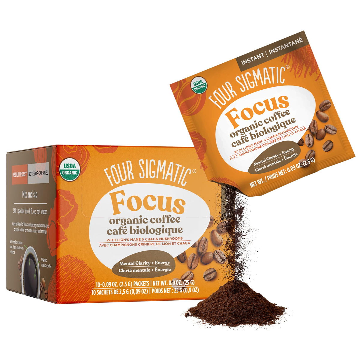 Four Sigmatic Focus Organic Mushroom Coffee Arabica Instant Coffee Singles with Lion's Mane, Chaga and Rhodiola Mushroom Coffee Instant Mix for Better Focus and Immune Support 10 Packets