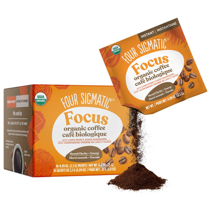 Four Sigmatic Focus Organic Mushroom Coffee Arabica Instant Coffee Singles with Lion's Mane, Chaga and Rhodiola Mushroom Coffee Instant Mix for Better Focus and Immune Support 10 Packets