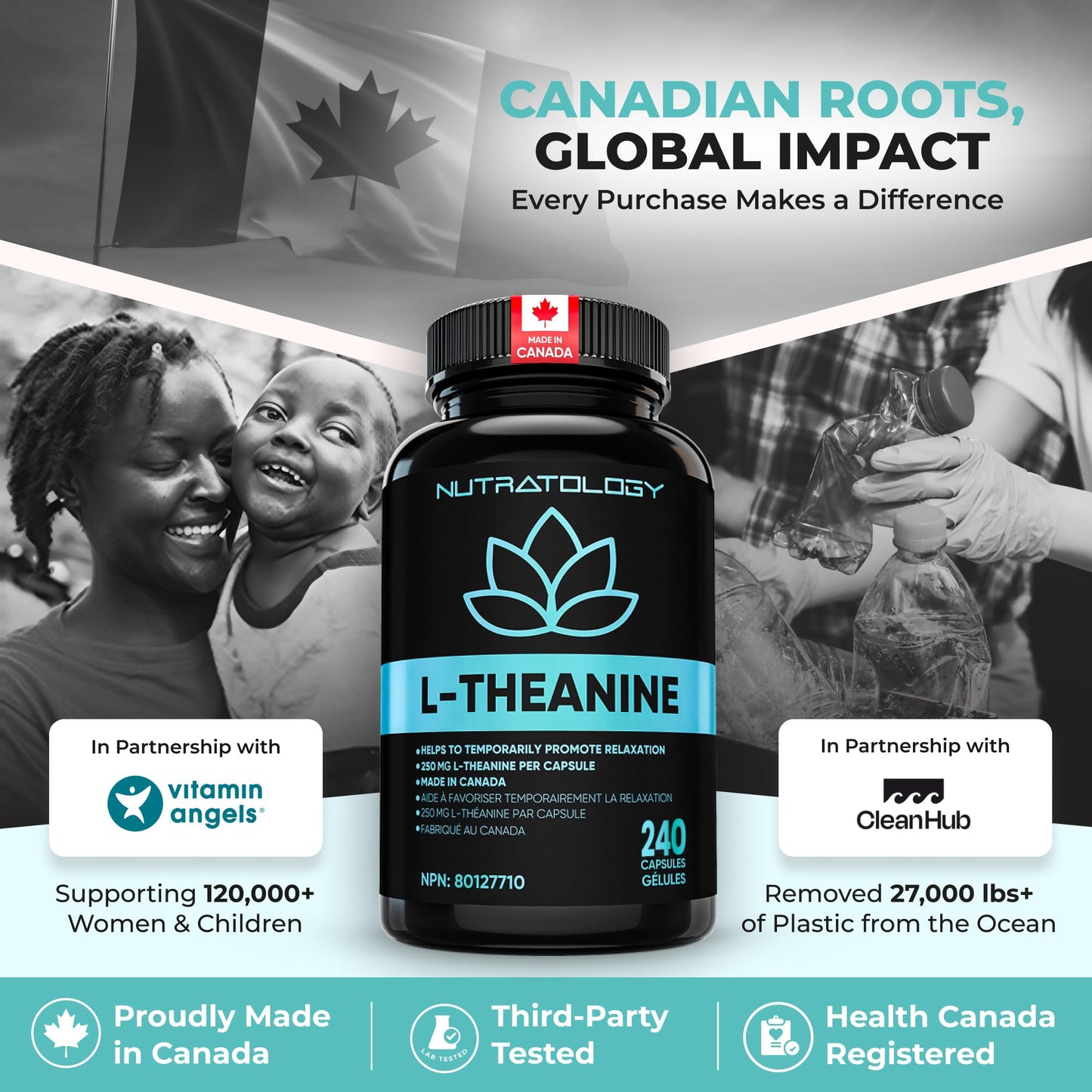 Nutratology® L-Theanine 250MG Capsules | Canadian-Made | For Stress Management | Promotes Relaxation & Calmness Without Drowsiness - L-Theanine Supplement for Stress Relief | 240 Capsules