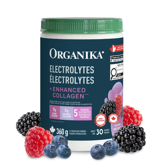 Organika Canadian-Made Electrolytes + Enhanced Collagen - Daily Hydration Powder with 5g of Collagen for Hair, Skin and Nails, 100% of Daily Vitamin C, Wildberry Flavour, 360 g, 30 Servings