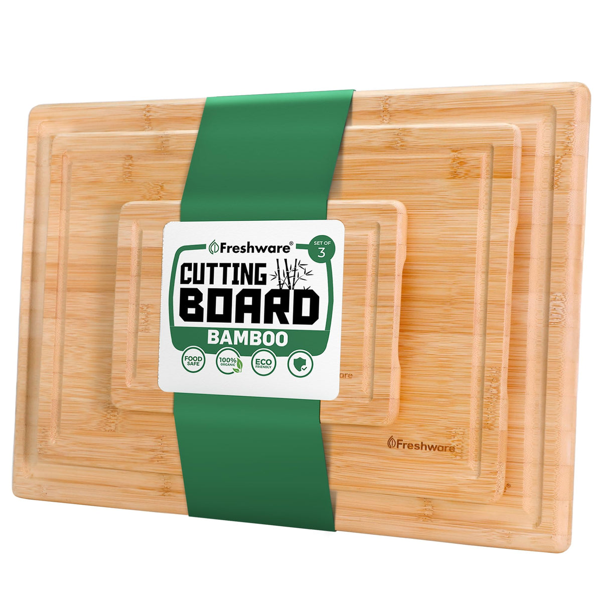 Freshware Wood Cutting Boards for Kitchen - Bamboo Cutting Board Set of 3, Cutting Boards with Juice Grooves, Serving Board Set, Chopping Board for Meat, Veggie, Easy Grip Handle (9x6, 12x8, 15x10)