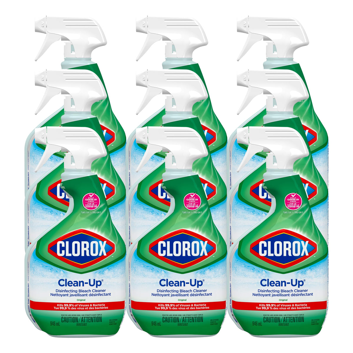 Clorox Clean-Up Disinfecting Bleach Cleaner Spray, Original Scent, 946 mL, Multi-Pack of 9