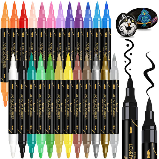 Art+soul 24 Colors Acrylic Paint Pens-Dual Tip Markers, Vibrant, Long Lasting Colors that Dry Quickly, Ideal for Canvas, Paper, Glass, Ceramic, Wood, and Rock - Available at All In One Marketplace Canada