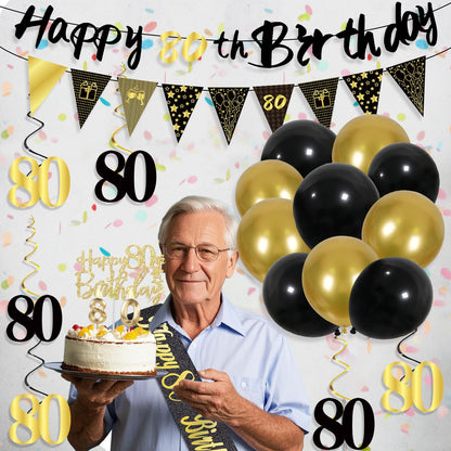 80th Birthday Decorations for Men, Black Gold 80th Party Decoration Set 🍁 All In One Marketplace Canada