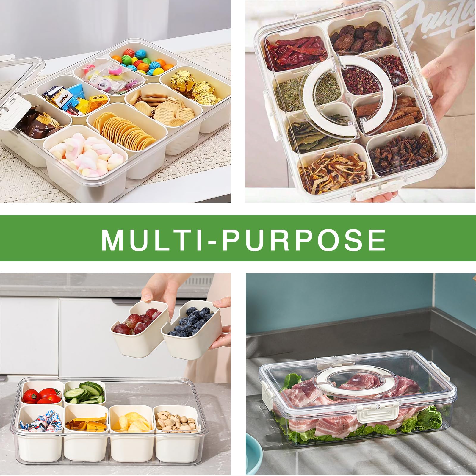 Snackle Box Container with Lid & Handle, Airtight Divided Snack Organizer, Portable Charcuterie Board for Travel, Road Trips, Picnic, Fruits, Veggies, Candy & Nuts, 2 Pack