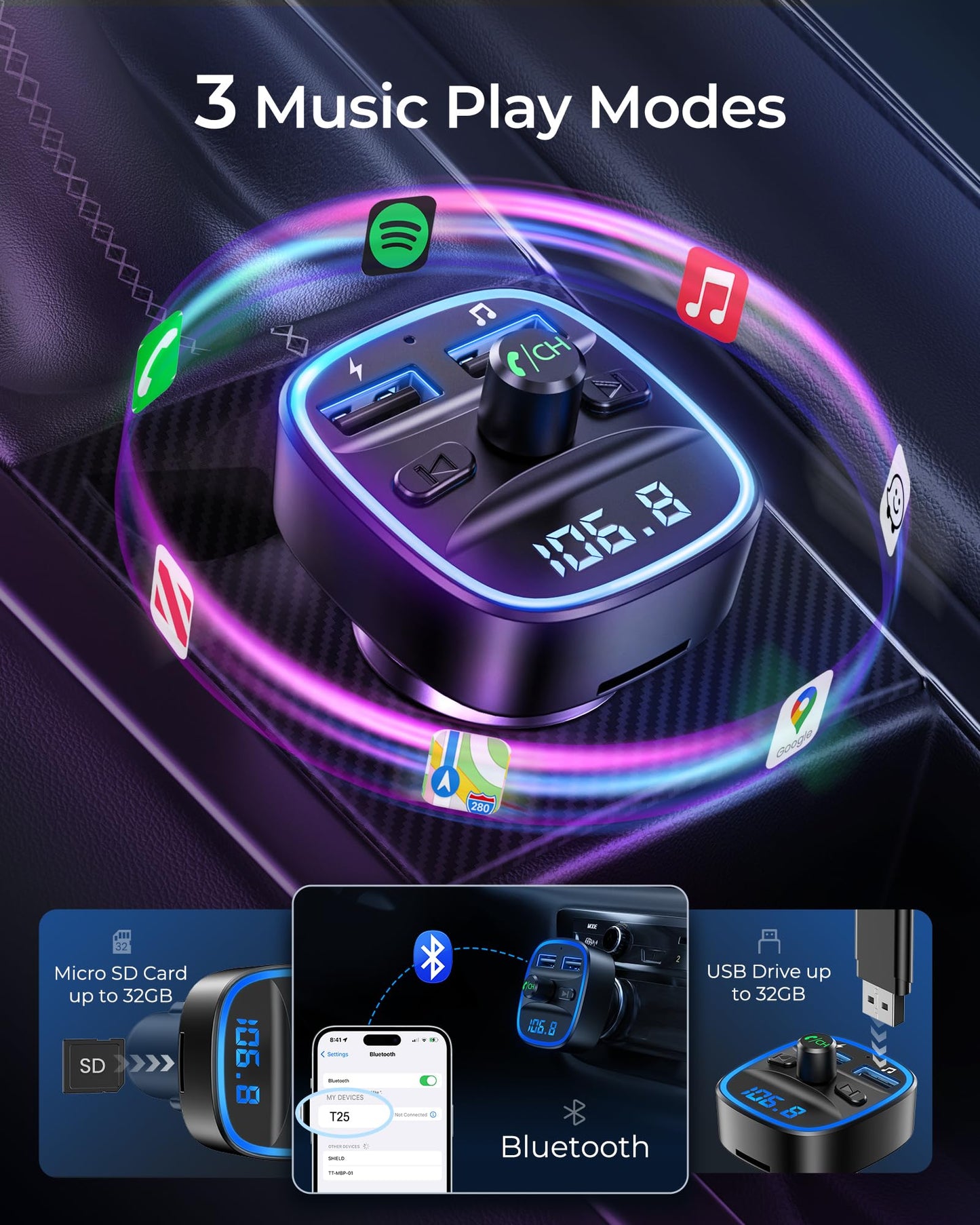 LENCENT FM Transmitter, Bluetooth FM Transmitter Wireless Radio Adapter Car Kit with Dual USB Charging Car Charger MP3 Player Support TF Card & USB Disk - Available at All In One Marketplace Canada