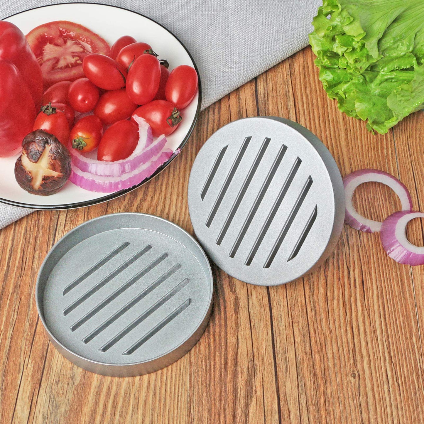 Asdirne Hamburger Press Patty Maker, Food Grade Aluminum Burger Press with ABS Handle, Non-Stick, Easy to Clean, with 50 Pcs Wax Patty Paper, 4.6" Diameter and 0.7" Depth - Available at All In One Marketplace Canada