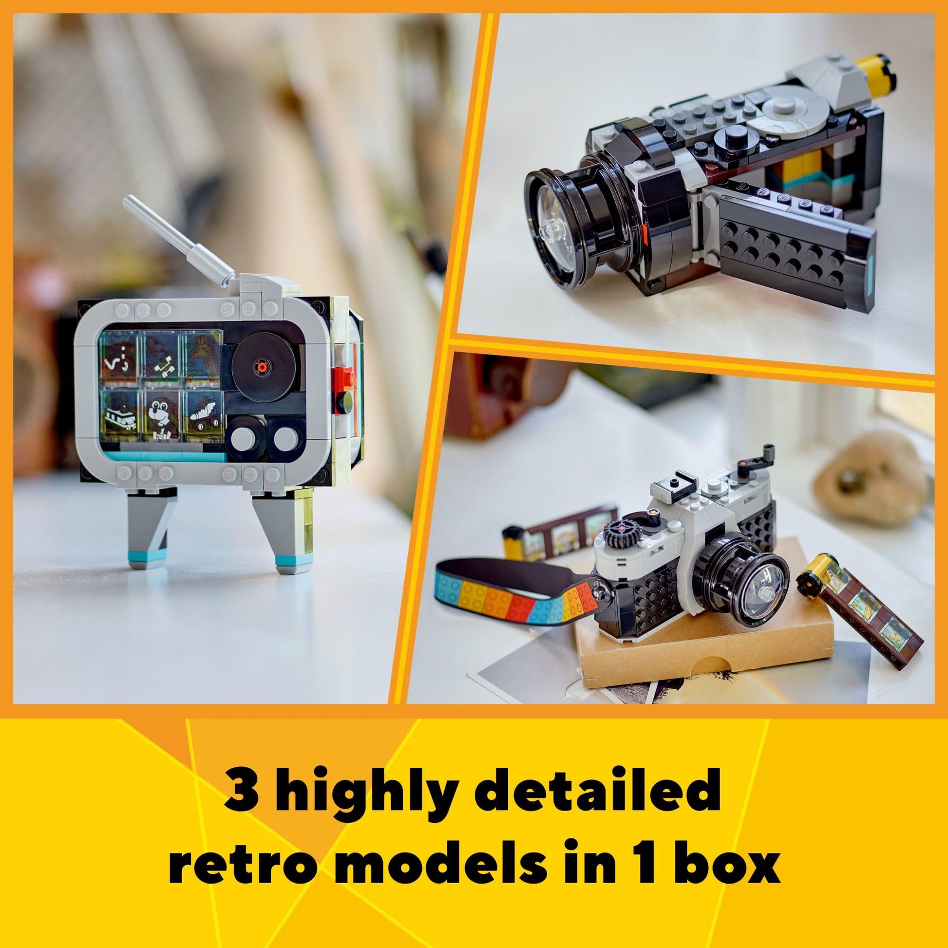 LEGO Creator 3 in 1 Retro Camera Toy, Transforms from Toy Camera to Retro Video Camera to Retro TV Set, Photography Gift for Boys and Girls Ages 8 Years Old and Up Who Enjoy Creative Play, 31147 - Available at All In One Marketplace Canada