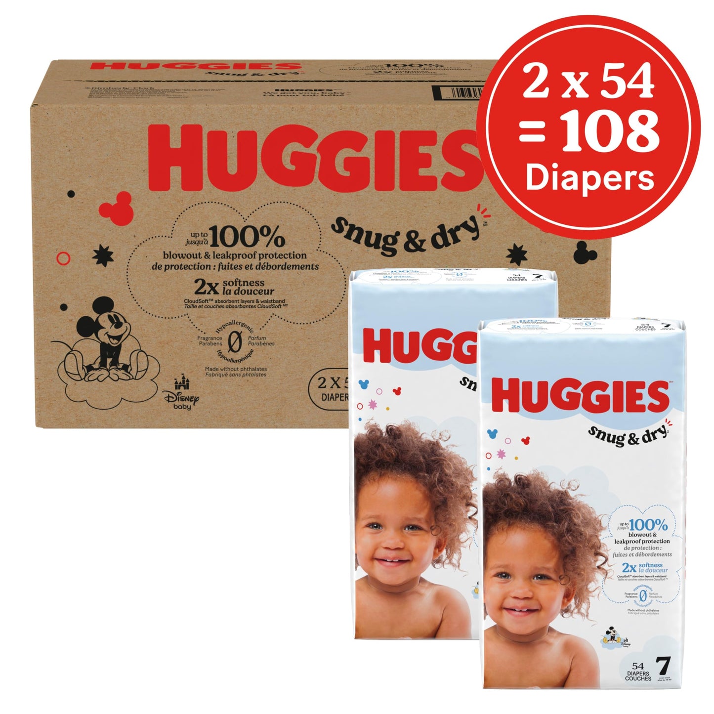 Couches Huggies Taille 7, Couches Bébé Snug & Dry, Taille 7 (14-22 kg), 108 couches (2 paquets de 54), L'emballage peut varier