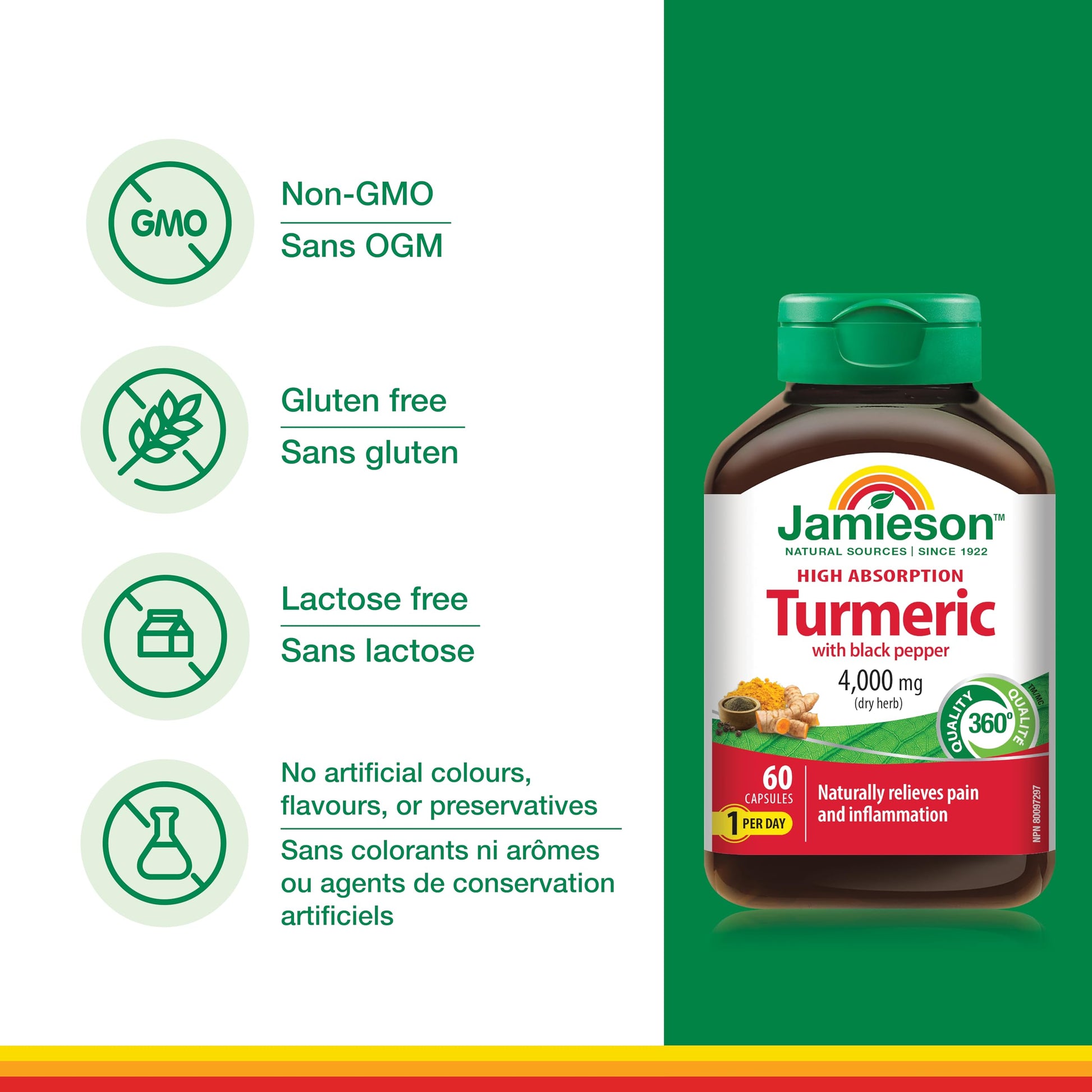 Jamieson Turmeric 4,000 mg, with Black Pepper, 60 Vegetarian Capsules, Natural Joint Pain Relief, Supports Inflammation, Helps with Digestion. High Absorption, Non-GMO, Proudly Canadian - Available at All In One Marketplace Canada