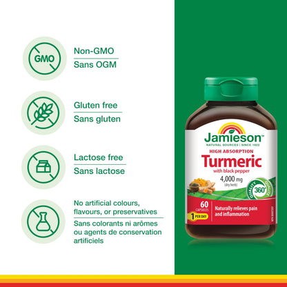 Jamieson Turmeric 4,000 mg, with Black Pepper, 60 Vegetarian Capsules, Natural Joint Pain Relief, Supports Inflammation, Helps with Digestion. High Absorption, Non-GMO, Proudly Canadian - Available at All In One Marketplace Canada