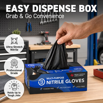 72HRS Black Nitrile Gloves - 4 Mil Disposable Gloves (200 Pieces, Large)