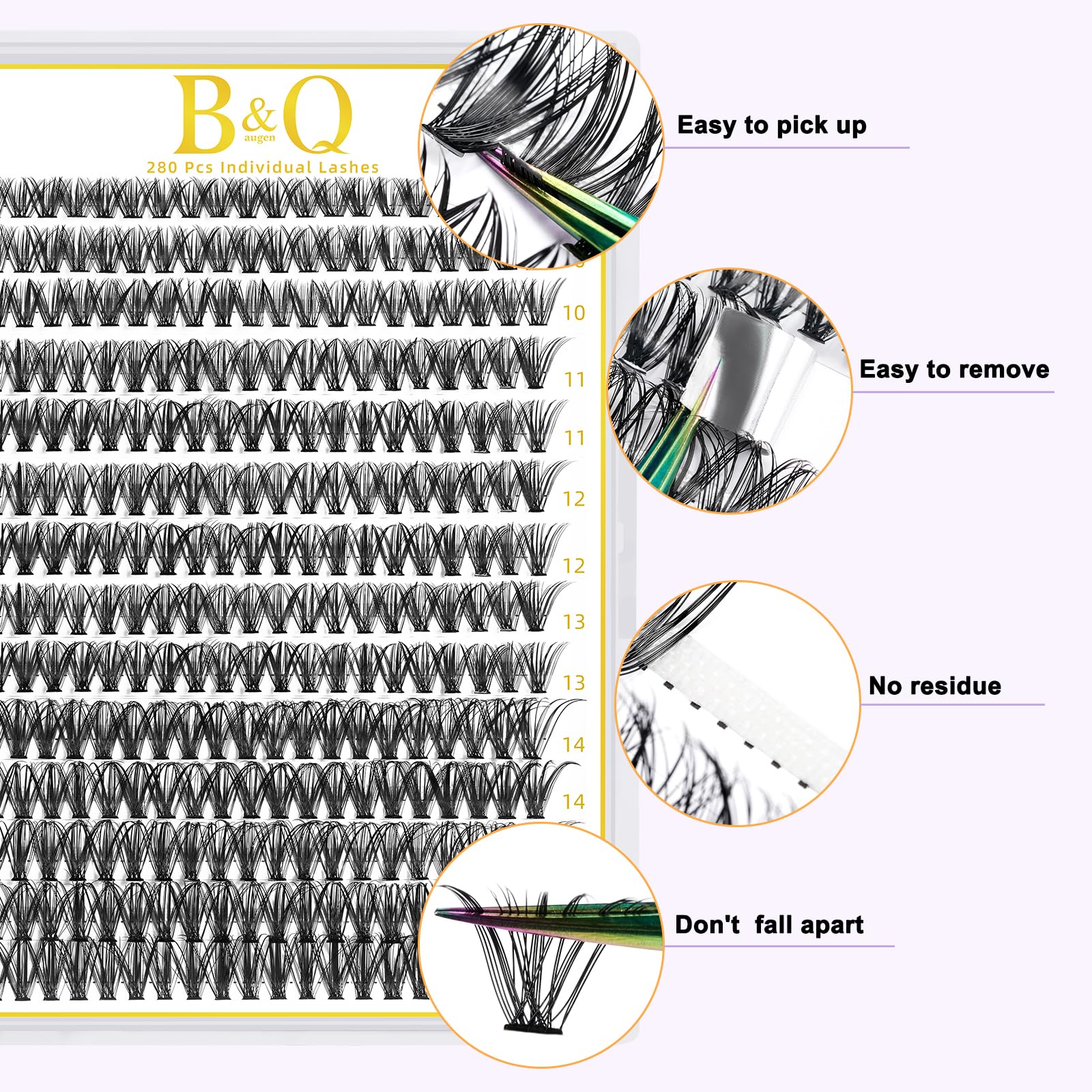B&Qaugen Lash Clusters 280 Pcs 40D-0.07D-9-16MIX B&Q LASH Individual Lashes 10D 20D 30D 40D 50D Cluster Lashes C D Curl Eyelash Clusters Soft Volume DIY Lash Extensions at Home (40D-0.07D,9-16MIX)