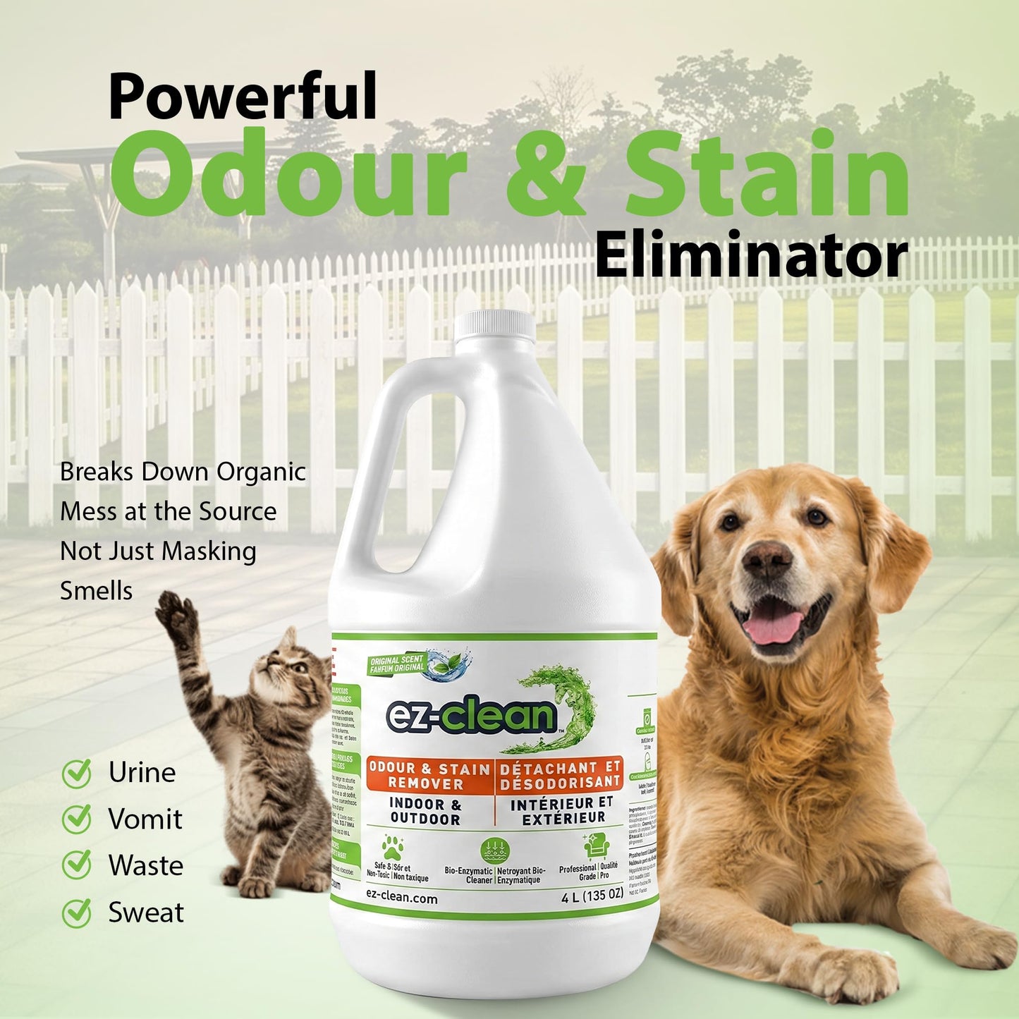 ez-clean Advanced Odor Remover- Highly Concentrated Bio Enzyme - Pet Odor Eliminator for Dog, Cat, and Small Animal Urine - Indoor & Outdoor Use for Any Organic Spills (4L jug)