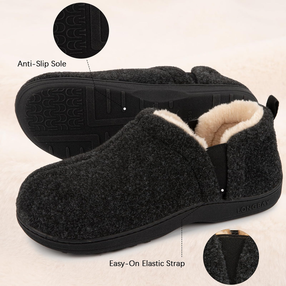 LongBay Men's Cozy Memory Foam Winter Slippers Comfy Warm House Shoes with Elastic Dual Gores for Indoor Outdoor(Medium / 9-10, Solid Dark Gray) 🍁 All In One Marketplace Canada