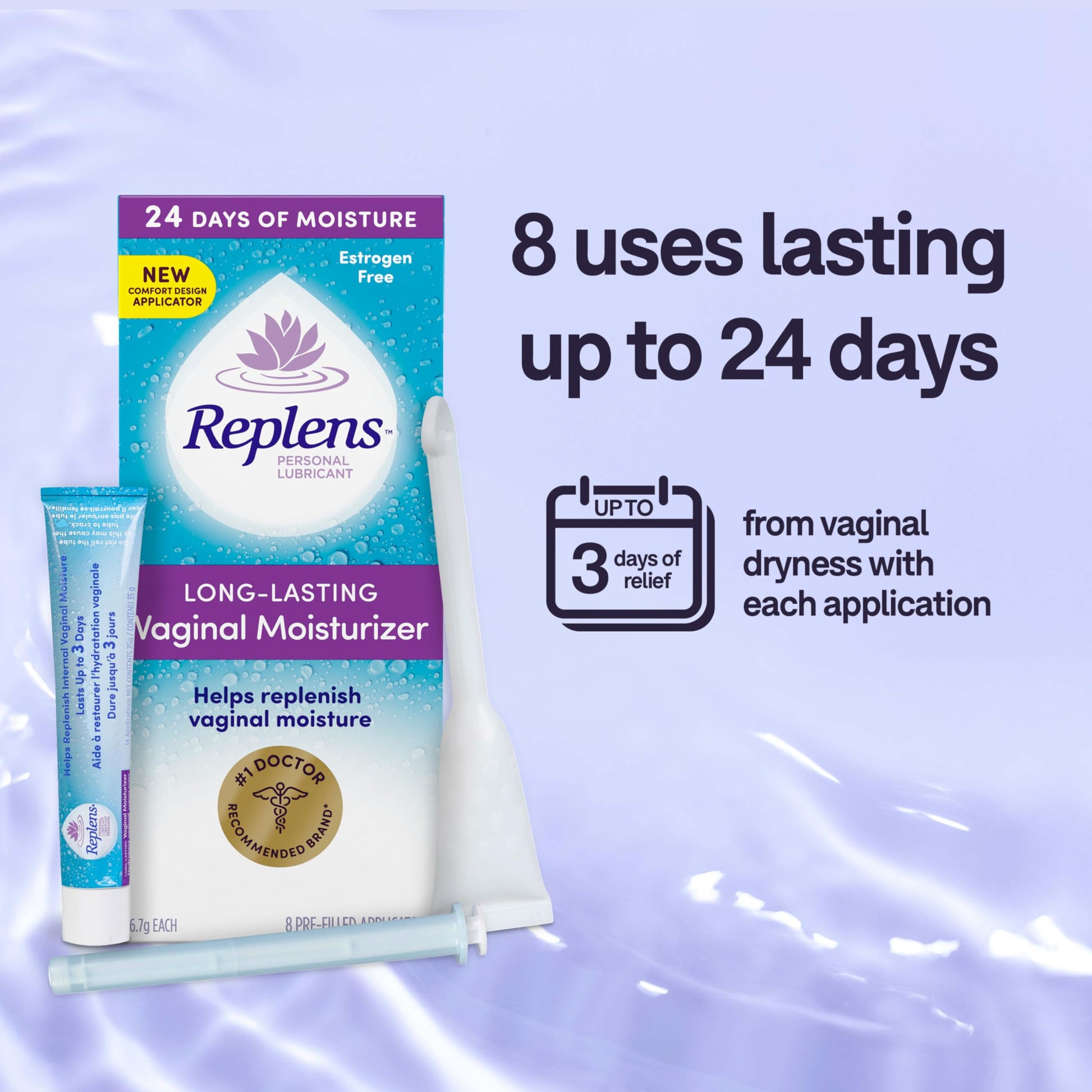Replens Long-Lasting Vaginal Moisturizer and Lubricant, Replenish internal vaginal moisture, Immediate relief, Paraben free, Estrogen Free, Fragrance Free, 8 Applications, 53.6 g Replens