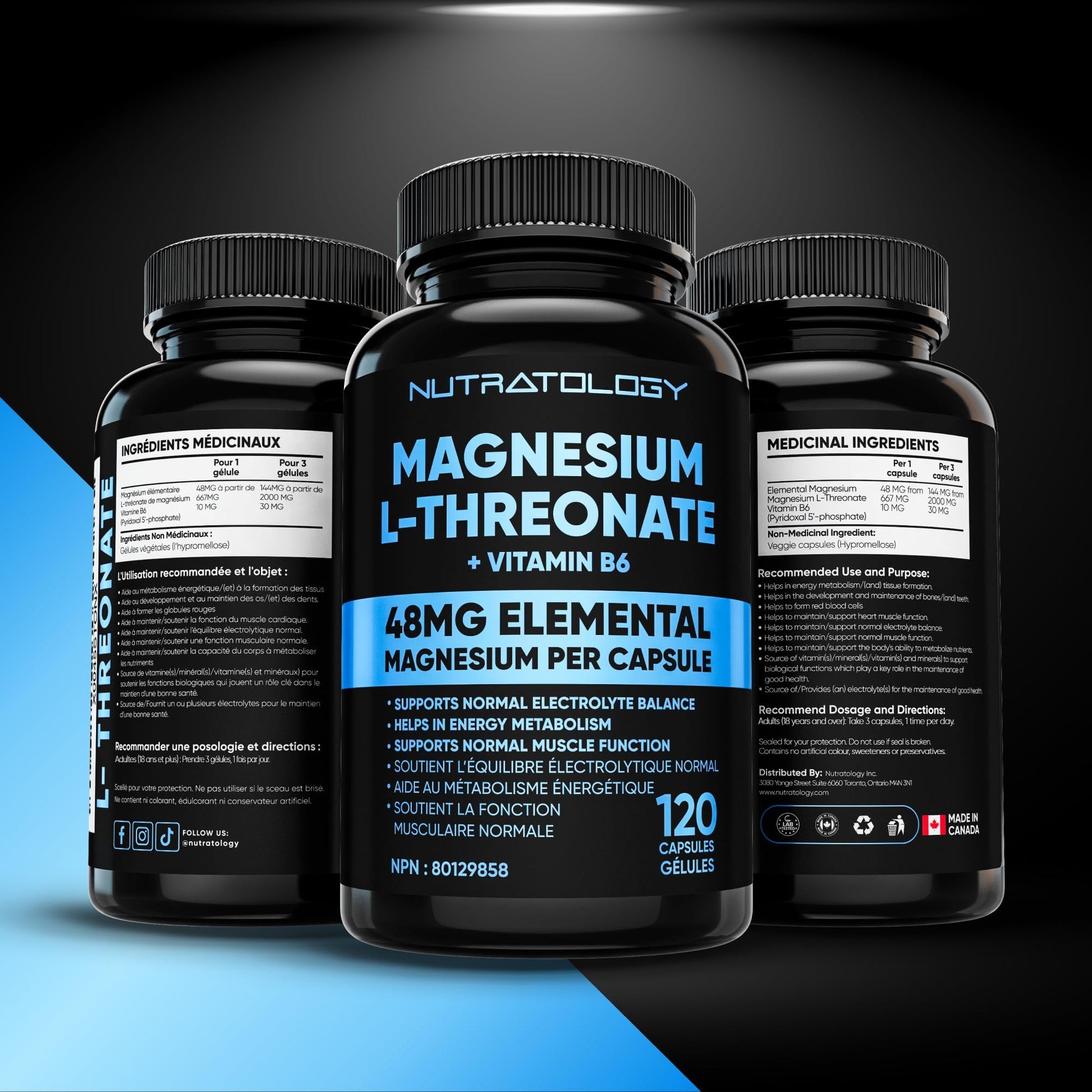 Nutratology® Magnesium L-Threonate + Vitamin B6 | Canadian-Made | Formulated To Help Support Heart & Muscle Function - Balances Electrolytes, Supports Energy Metabolism & Tissue Formation - 120 Count - Available at All In One Marketplace Canada