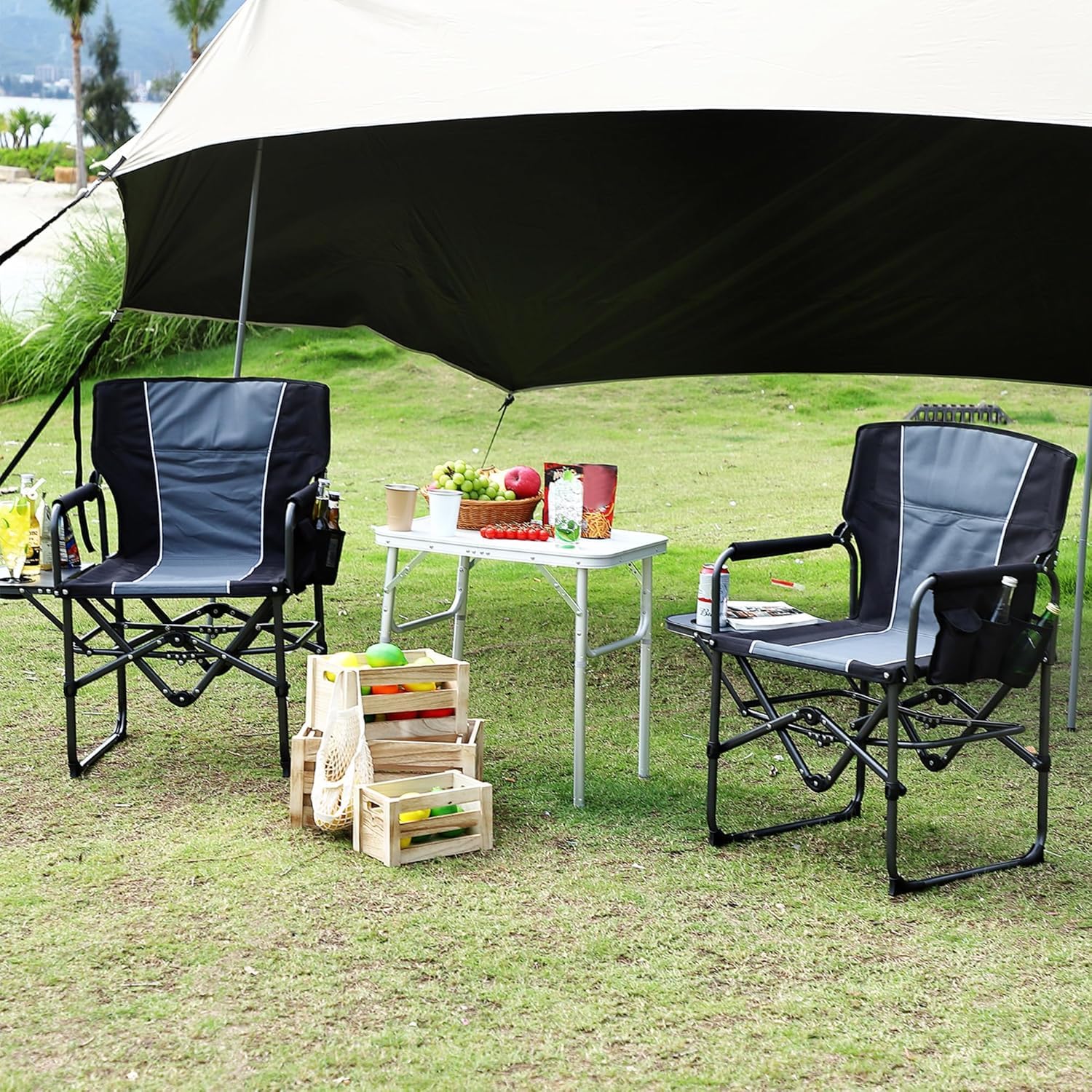 2 Pcs Oversized Heavy Duty Folding Camping Director Chair for Adults – Portable Outdoor Lawn Chair with Side Table, Side Pocket & Cup Holder – Ideal for Camping, Beach, Fishing, Garden, Deck, RV IDEALHOUSE