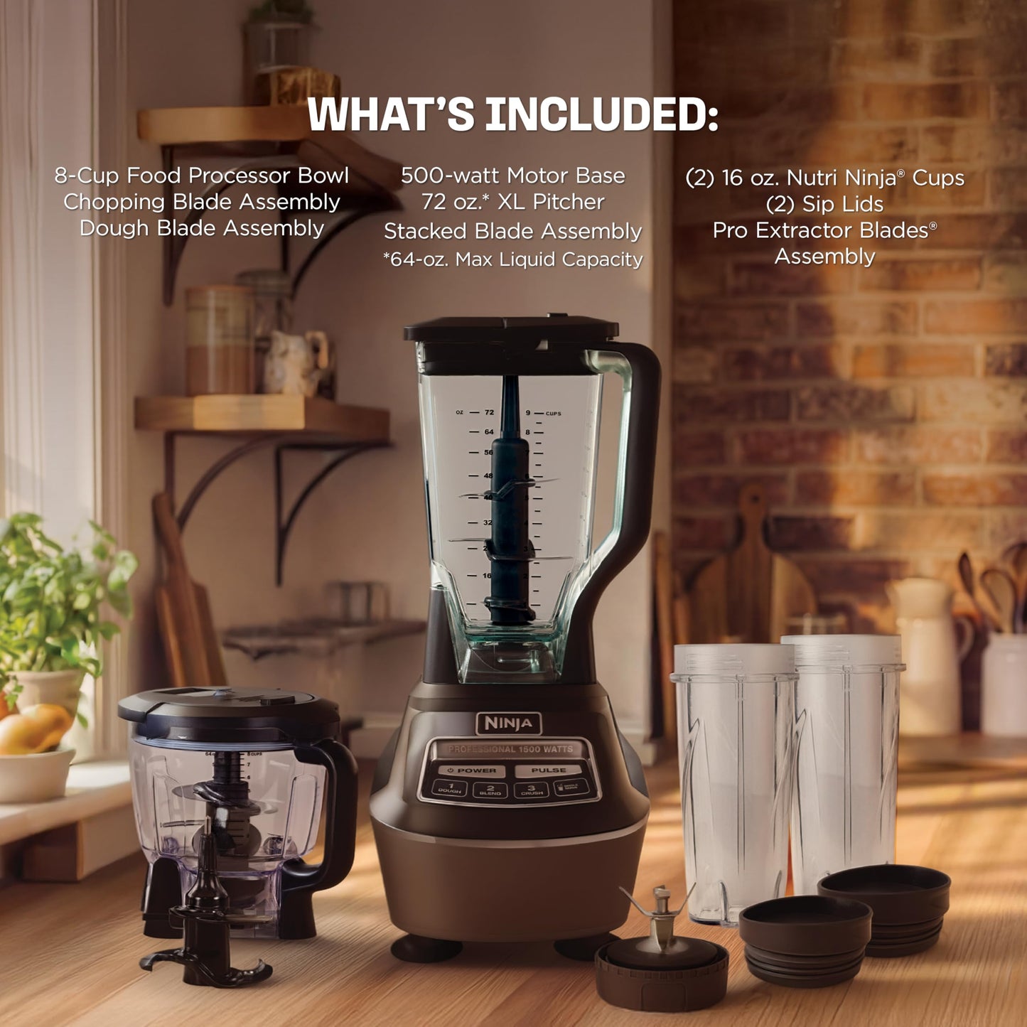 Ninja Kitchen System | All-in-One Food Processor & Blender for Smoothies | Includes Pitcher, (2) 16 oz. to-Go Cups & 8-Cup Bowl | Makes Salsa, Dough, Shakes, & Frozen Drinks | 1500W | Black | BL770 - Available at All In One Marketplace Canada