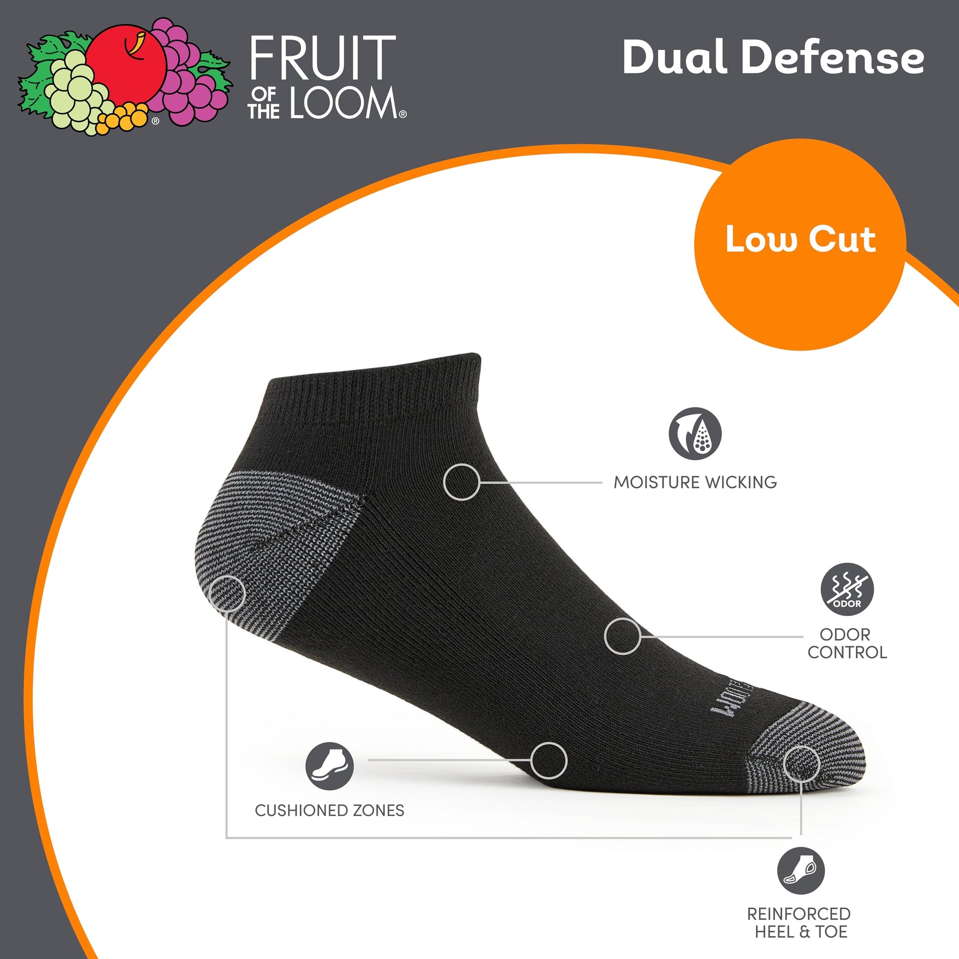 Fruit of the Loom Men's Dual Defense Low Cut Cushioned Moisture Wicking Socks (12 Pack), Black, Medium (6-12) Fruit of the Loom