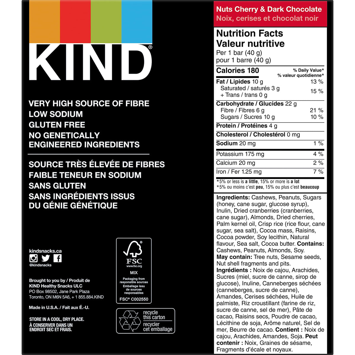 KIND Bars, Dark Chocolate Cherry Cashew + Antioxidants, Gluten Free, 40 Grams, 12 Count