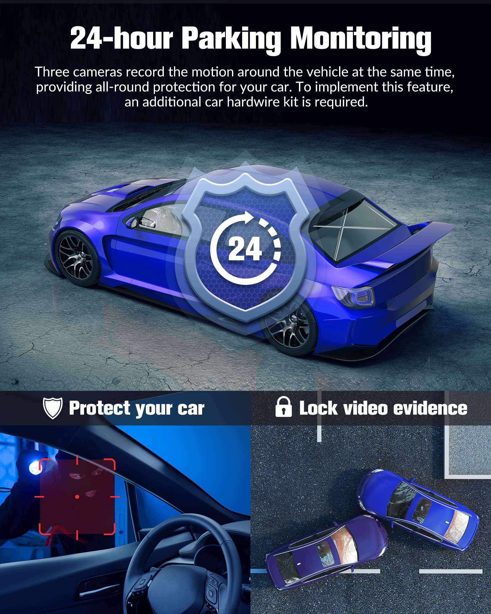 Dash Camera for Cars, 4K Dash Cam Front and Rear, Triple Car Camera with 32GB Card,Built-in IR Night Vision,2.0'' IPS Screen,170°Wide Angle,WDR,HDR,G-Sensor,24H Parking Mode, Loop Recording