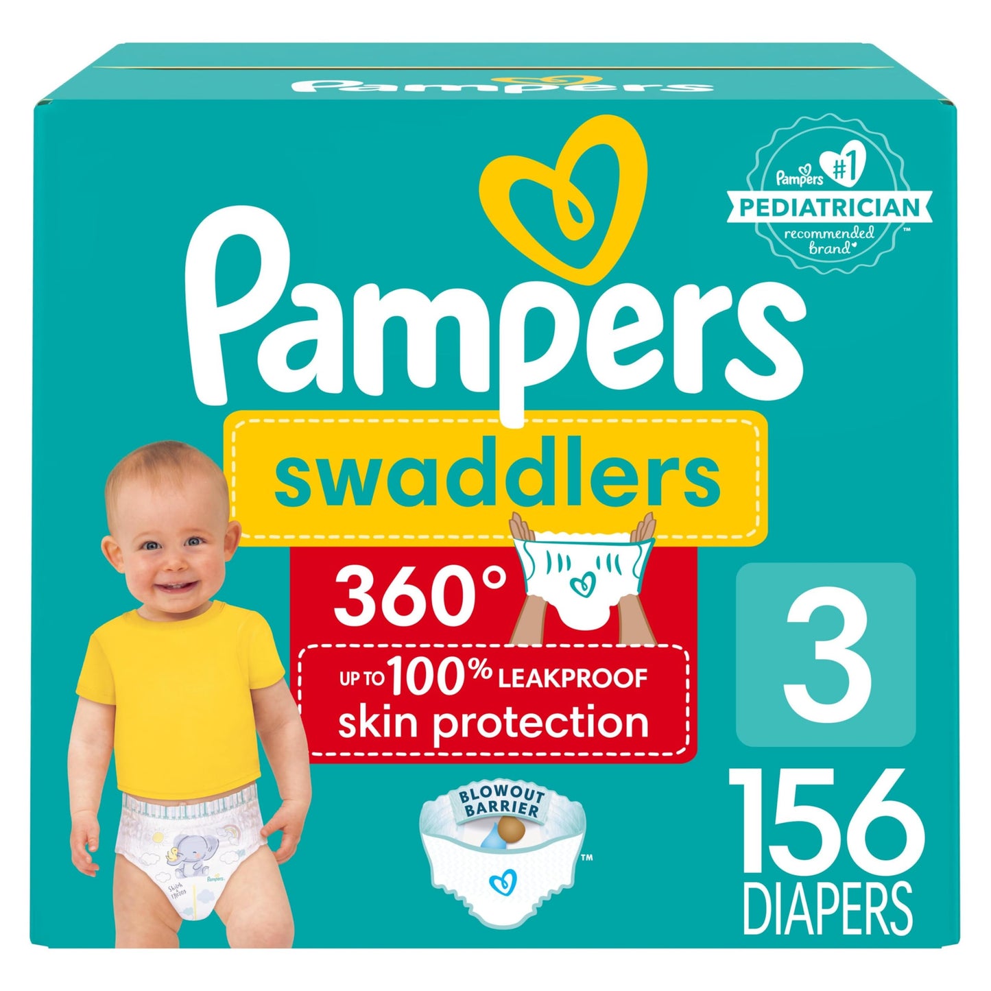 Pampers Diapers - Swaddlers 360 degrees - Size 3, 156 Count, up to 100% Leakproof Comfy Dry Fit, EZ Off Tabs Designed for Easy Changes, Pull On Diaper