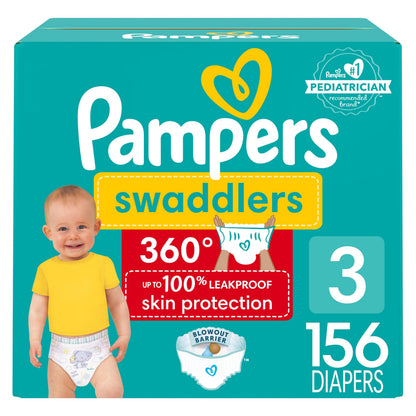 Pampers Diapers - Swaddlers 360 degrees - Size 3, 156 Count, up to 100% Leakproof Comfy Dry Fit, EZ Off Tabs Designed for Easy Changes, Pull On Diaper