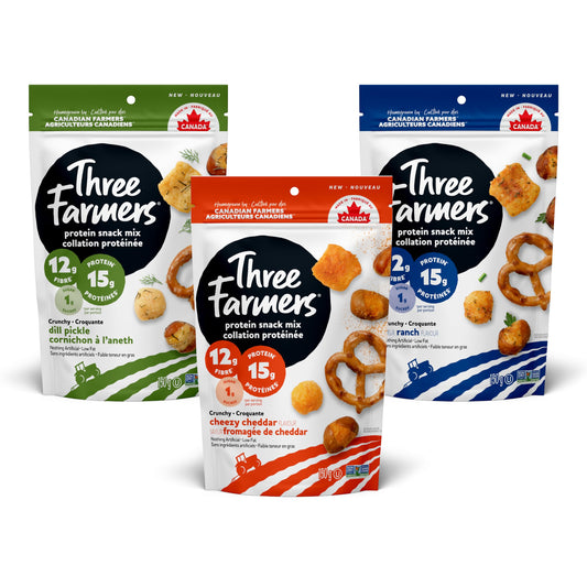 Three Farmers Protein Snack Mix – 15g Protein, 12g Fibre, Roasted Fava & Pea Puffs with Pretzels (3 x 150g)