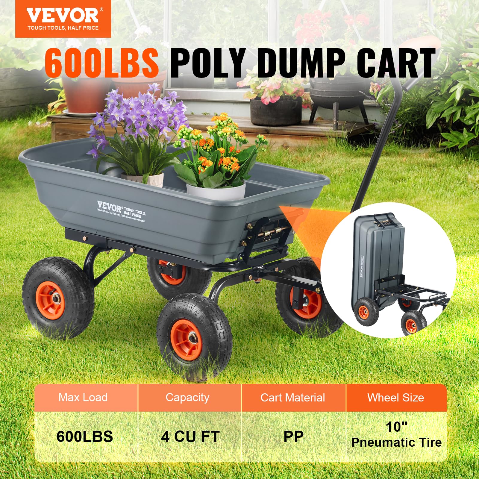 VEVOR Dump Cart, Poly Garden Dump Cart with Easy to Assemble Steel Frame, Dump Wagon with 2-in-1 Convertible Handle, Utility Wheelbarrow 600 lbs Capacity, 10 inch Tires VEVOR
