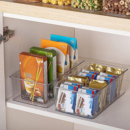 Vtopmart 4 Pack Food Storage Organizer Bins, Clear Plastic Bins for Pantry, Kitchen, Fridge, Cabinet Organization and Storage, 4 Compartment Holder for Packets, Tea, Snacks, Pouches, Spice Packets - Available at All In One Marketplace Canada