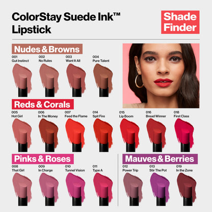 REVLON Lipstick, ColorStay Suede Ink, Built-in Primer, Infused with Vitamin E, Waterproof, Smudgeproof, Matte Color, 019 In the Zone (Pack of 1)
