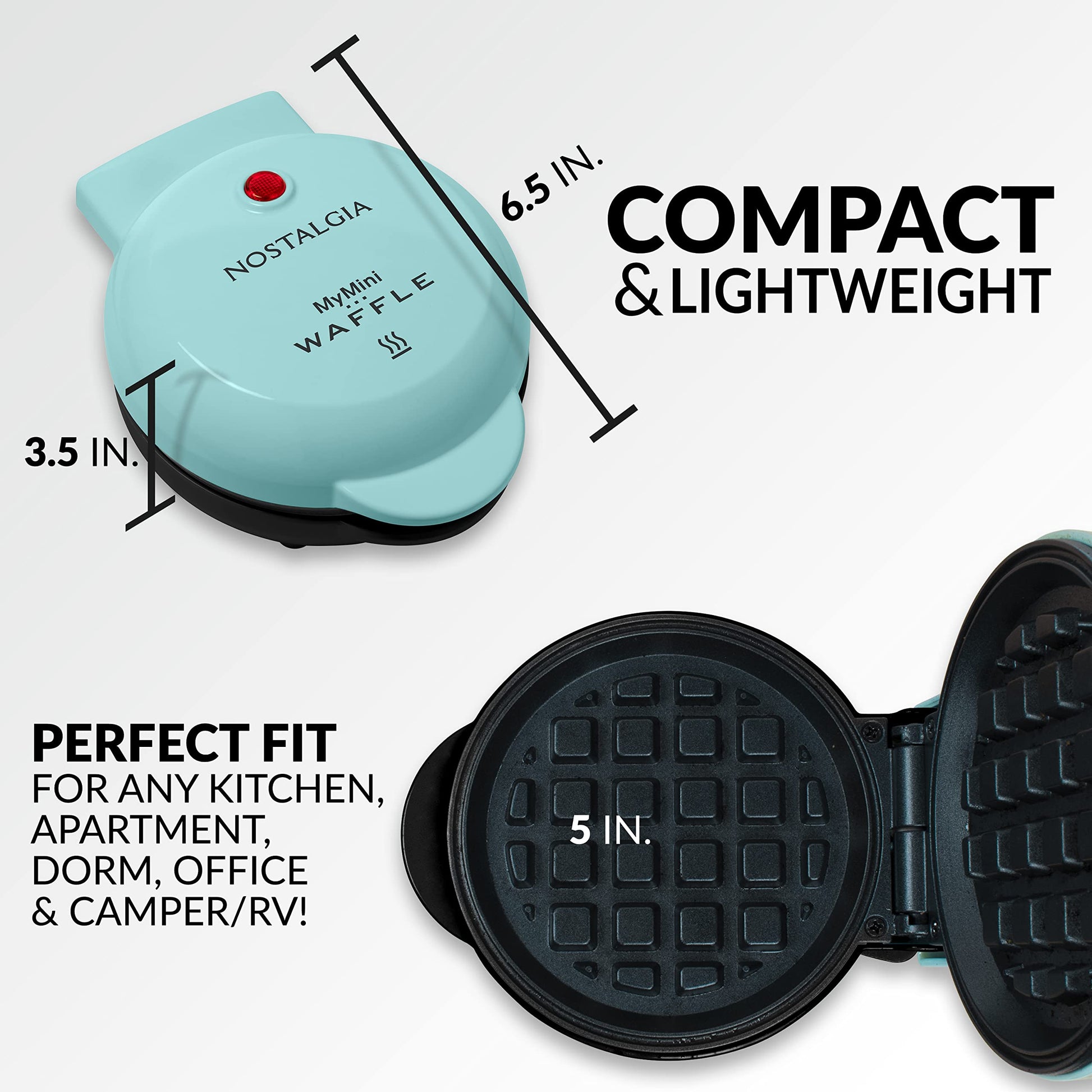 Nostalgia MyMini Personal Electric Waffle Maker, 5-Inch Cooking Surface, Waffle Iron for Hash Browns, French Toast, Grilled Cheese, Quesadilla, Brownies, Cookies, Aqua Nostalgia