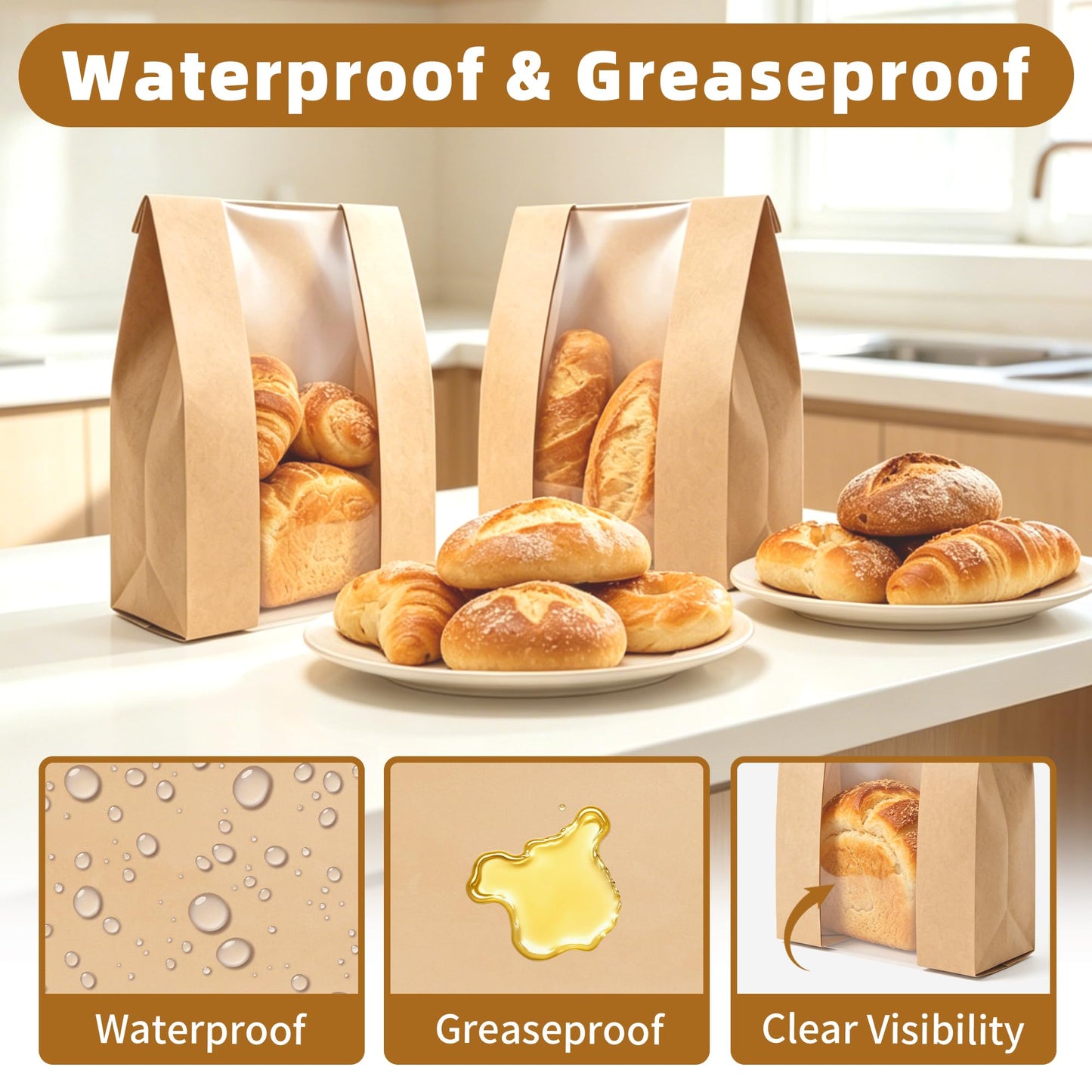 Homrelaxy 60Pcs Paper Bread Bags for Homemade Bread, Sourdough Bag with Window, 13.7 x 8.3 x 3.5 Inch Large Brown Kraft Bakery Bags for Storing Loaves & Snacks, Includes 70 Sealing Stickers - Available at All In One Marketplace Canada