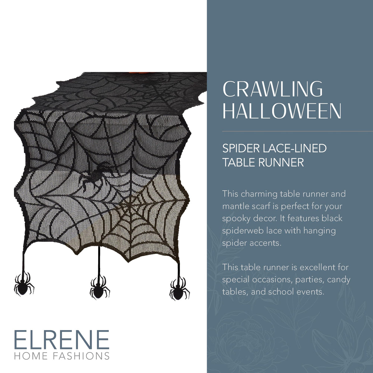 Chemin de table en dentelle Elrene Home Fashions avec araignées d'Halloween rampantes, 33 cm x 178 cm, noir