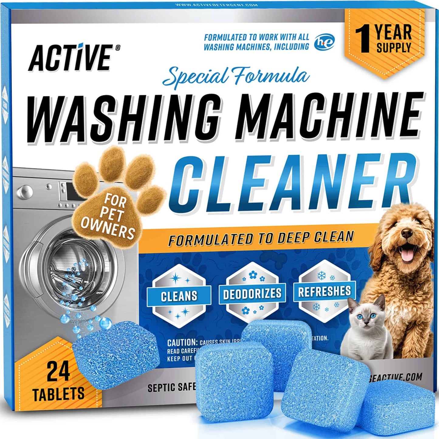 Washing Machine Cleaner for Pet Owners - ACTIVE Enzymatic Deep Clean Descaler for Cat & Dog Hair, Urine, Odor, Residue, 24 Septic-Safe Tablets for Top Load, Front Loader, HE Washer Tub - 1 Year Supply - Available at All In One Marketplace Canada