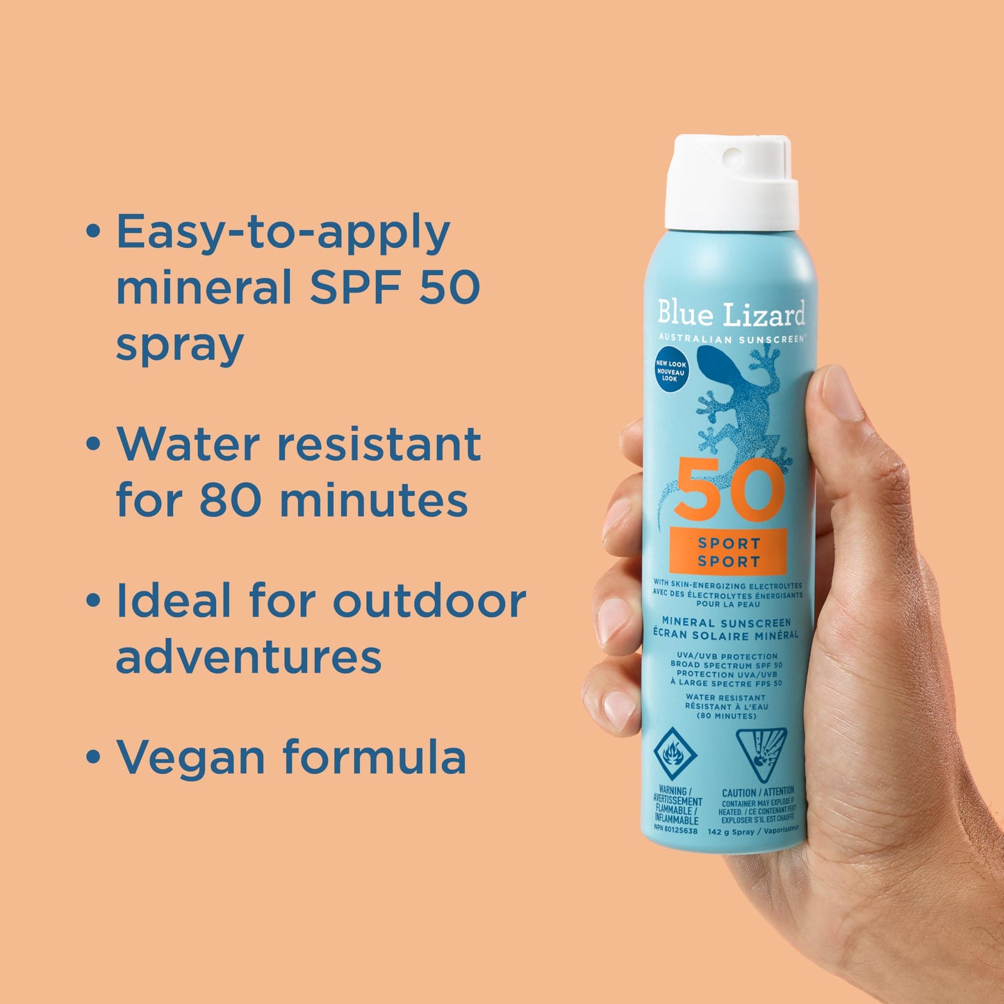 Blue Lizard Sport Mineral SPF 50 Spray, Broad-Spectrum UVA/UVB Protection, Water-Resistant, Zinc Oxide Formula, Vegan, 142 g