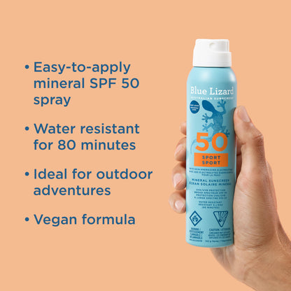 Blue Lizard Sport Mineral SPF 50 Spray, Broad-Spectrum UVA/UVB Protection, Water-Resistant, Zinc Oxide Formula, Vegan, 142 g