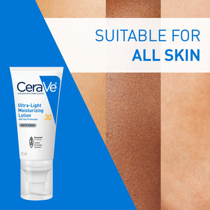 CeraVe Ultra-light Face Moisturizer with SPF 30. Hyaluronic Acid face sunscreen lotion for Men & Women, Normal to Oily & sensitive skin. Fragrance-Free, Oil-Free, Non-Comedogenic, Travel Size 52 ML