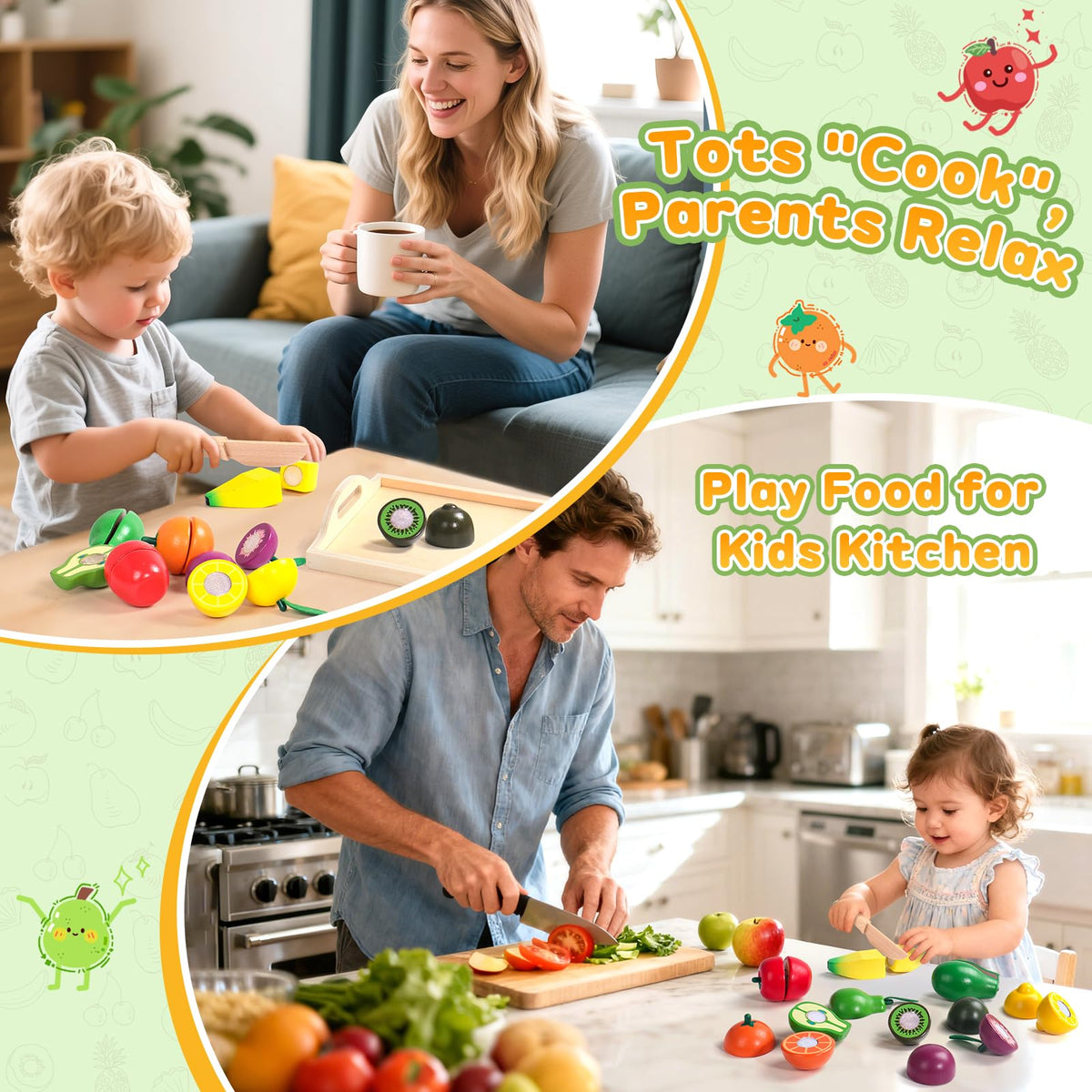 Wooden Play Food Set with Fruit Cutting, Montessori Toys for 2 Year Olds 🍁 All In One Marketplace Canada