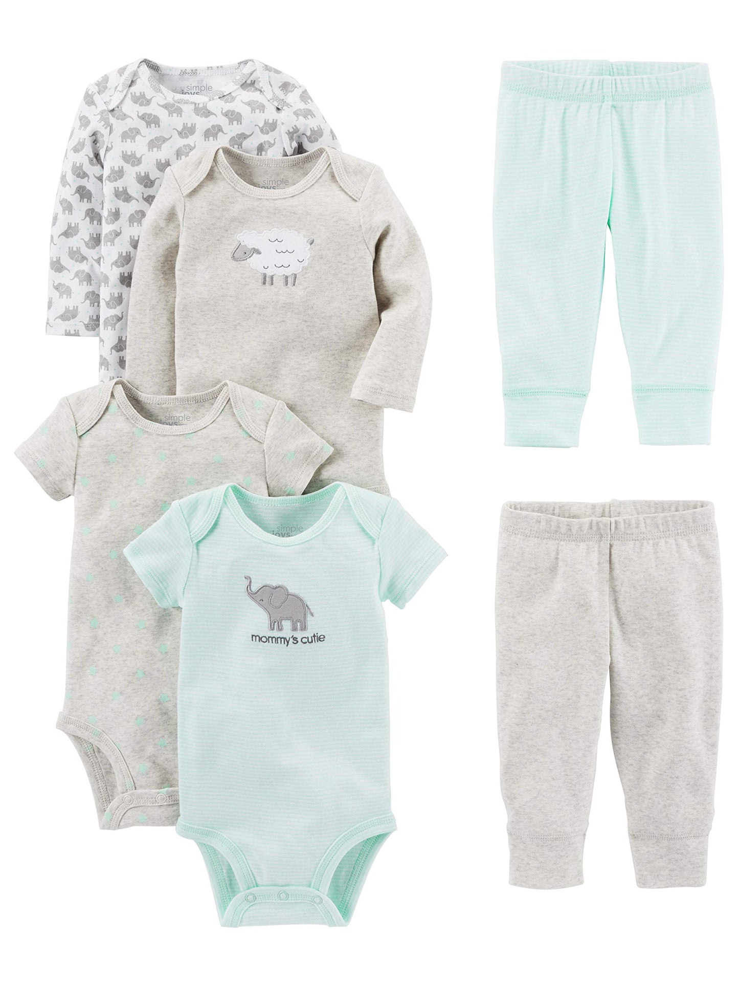 Simple Joys by Carter's Baby 6-Piece Neutral Bodysuits (Short and Long Sleeve) and Pants Set, Gray Lamb, 3-6 Months Simple Joys by Carter's