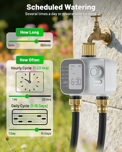 2027 New Upgrade Sprinkler Timer 2 Zone with Brass Inlet, Unistyle Water Timer for Garden Hose with Rain Delay and Manual Water/Automatic Irrigation, Hose Timers for Yard and Lawn Patio - Available at All In One Marketplace Canada