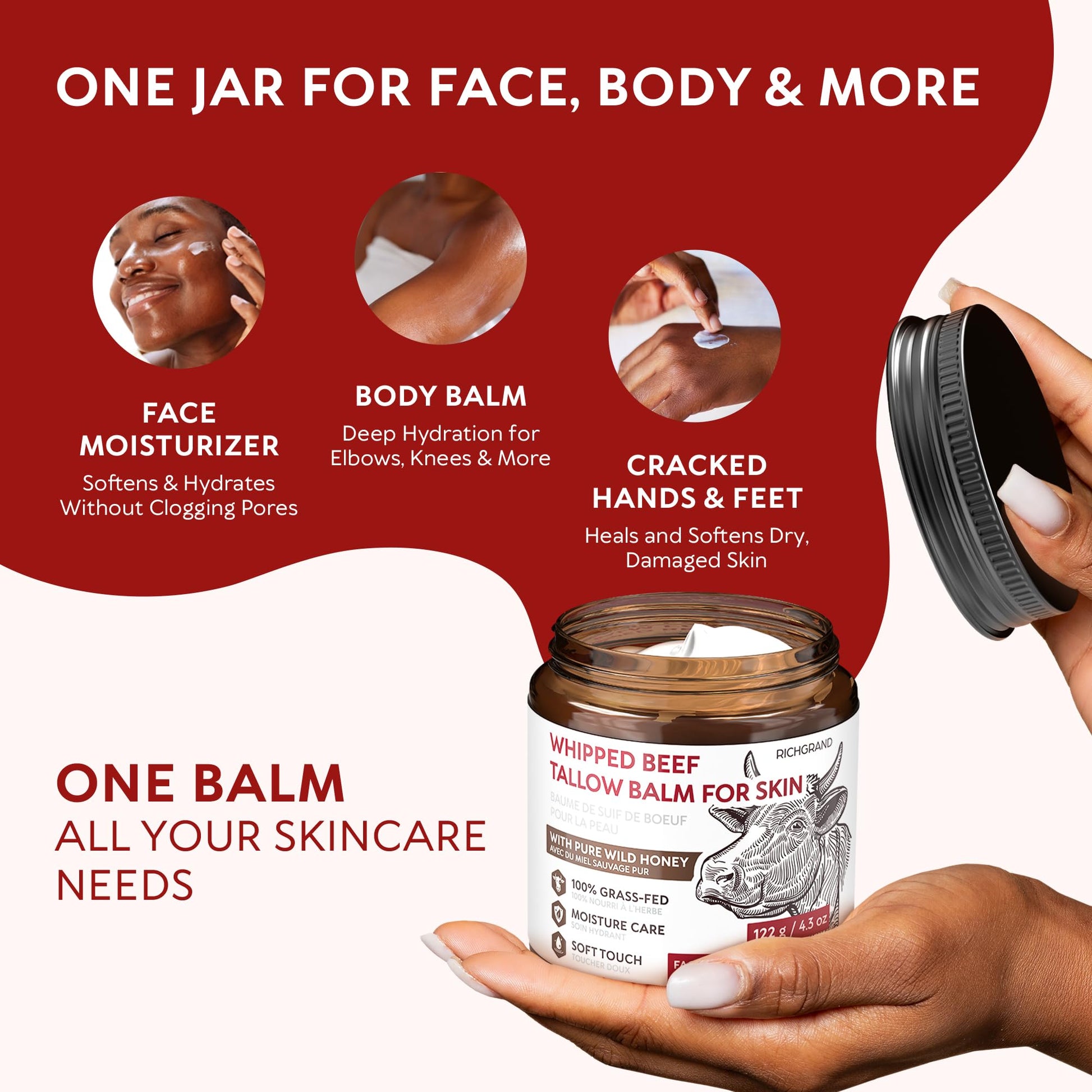 Beef Tallow Face Cream, Whipped Tallow and Honey Balm for Face and Body, Grass Fed Natural Skincare Moisturizer for Dry and Sensitive Skin, Hydrating Body Butter - Available at All In One Marketplace Canada