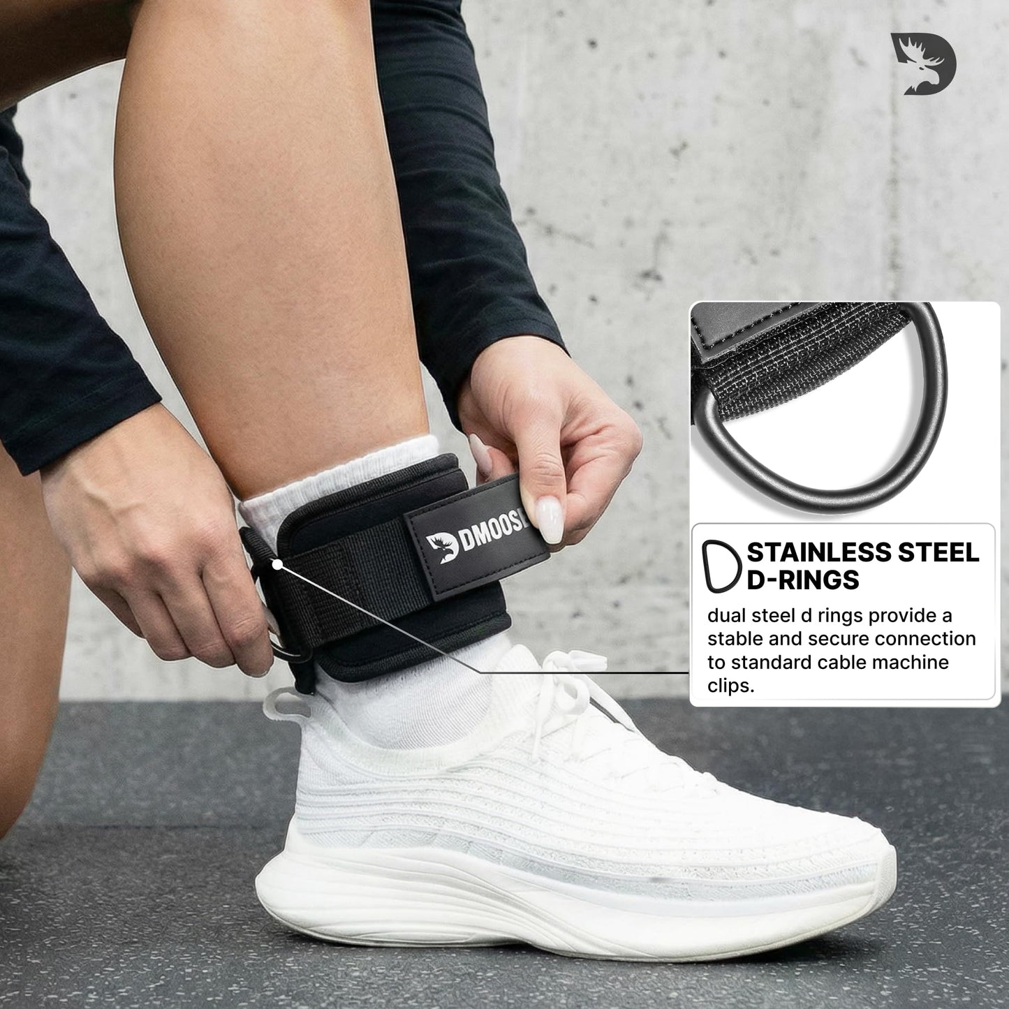 DMoose Ankle Straps for Cable Machines for Kickbacks, Glute Workouts, Leg Extensions, Curls, and Hip Abductors for Men and Women, Adjustable Ankle Strap with Double D-Rings and Neoprene Support