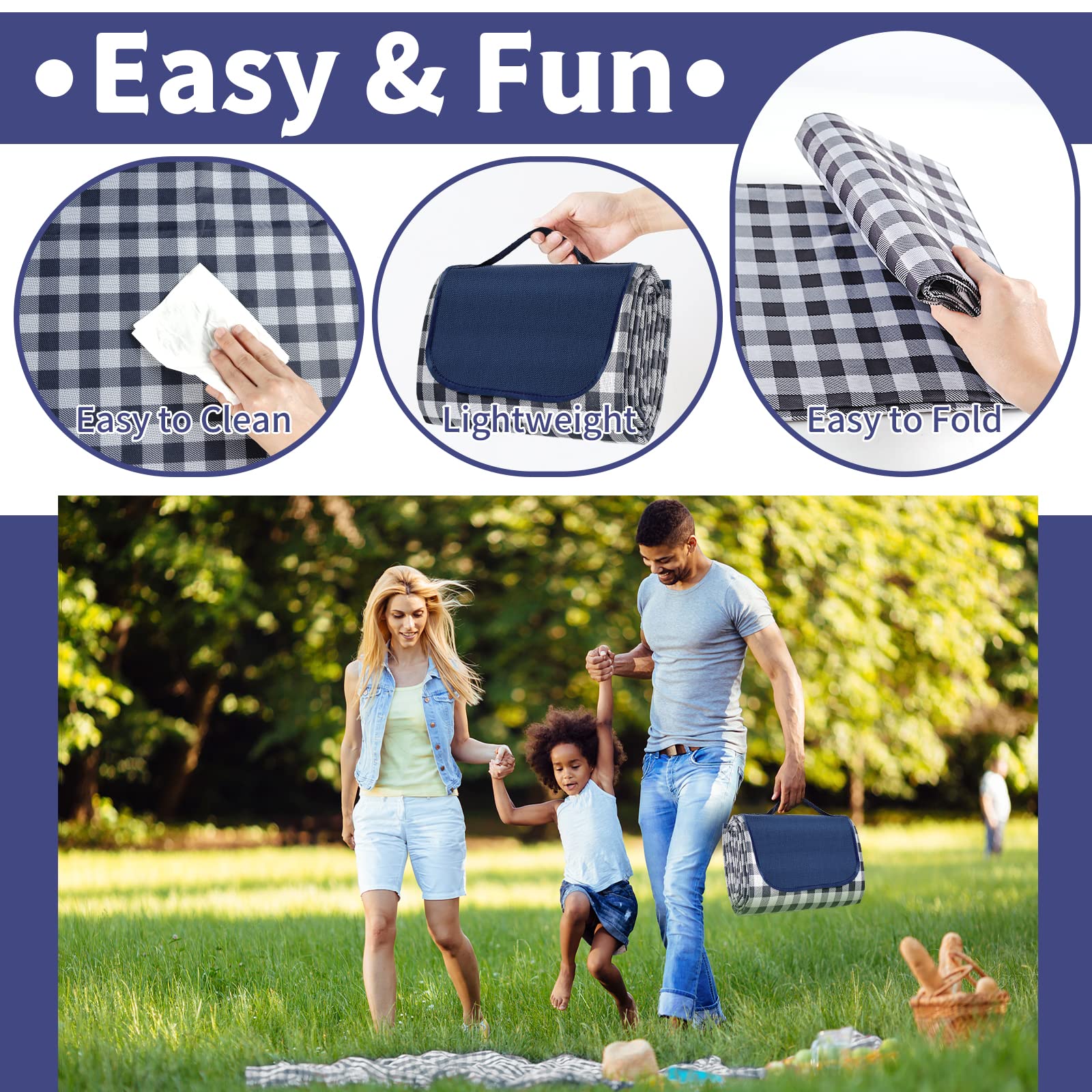 Extra Large Outdoor Picnic Blanket, 79"x79" Waterproof Picnic Mat, Sandproof Beach Blanket Portable Camping Blanket Lightweight for Park Beach Camping Courtyard (Dark Blue)