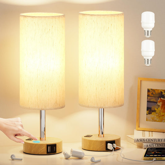 Table Lamp for Bedroom Set of 2 - Touch 3 Way Dimmable Bedside Lamps with USB C and A Ports, Night Lamp for Nightstand with AC Outlet, Desk Lamps for Living Room, Reading Room, Kids Room, Office - Available at All In One Marketplace Canada