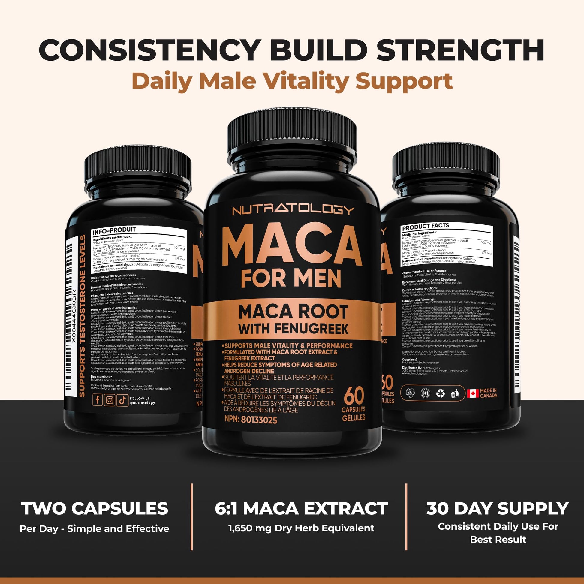 Nutratology® Maca for Men | Canadian Made | Helps Increase Stamina & Energy | Formulated with a 6:1 Extract & 33:1 Fenugreek Extract | Maca Root With Fenugreek Supplement for Men | 60 Capsules - Available at All In One Marketplace Canada