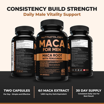 Nutratology® Maca for Men | Canadian Made | Helps Increase Stamina & Energy | Formulated with a 6:1 Extract & 33:1 Fenugreek Extract | Maca Root With Fenugreek Supplement for Men | 60 Capsules - Available at All In One Marketplace Canada
