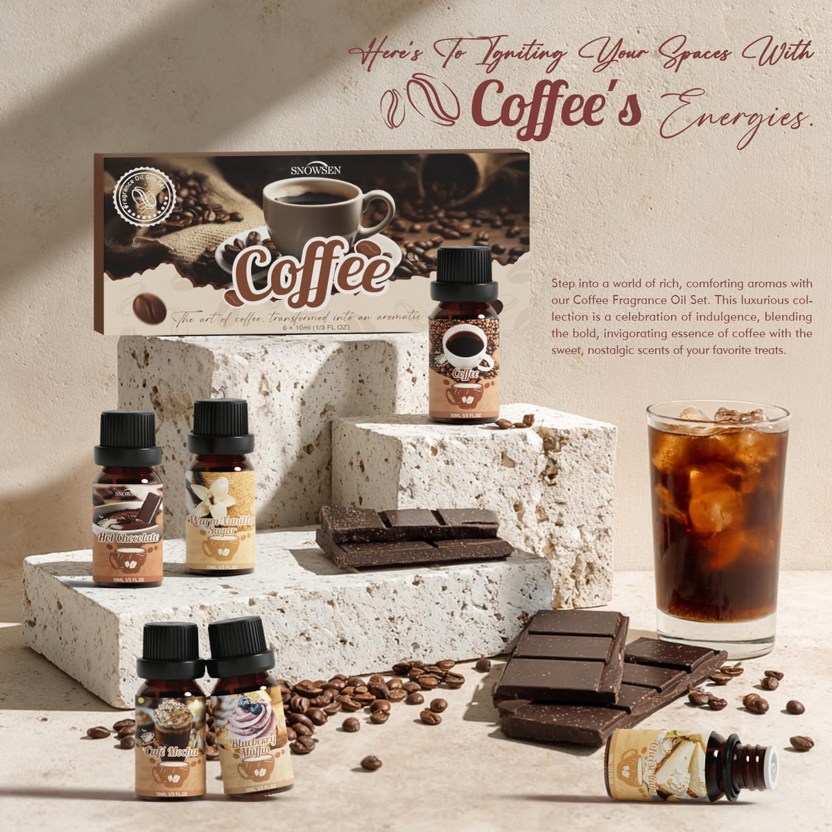 SNOWSEN Coffee Essential Oils Set—Blueberry Muffin, Café Mocha, Hot Chocolate, Cheese Cake, Coffee, Warm Vanilla Sugar Essential Oils for Diffuser, Candle & Soap Making, Diffuser Oils Scents 🍁 All In One Marketplace Canada