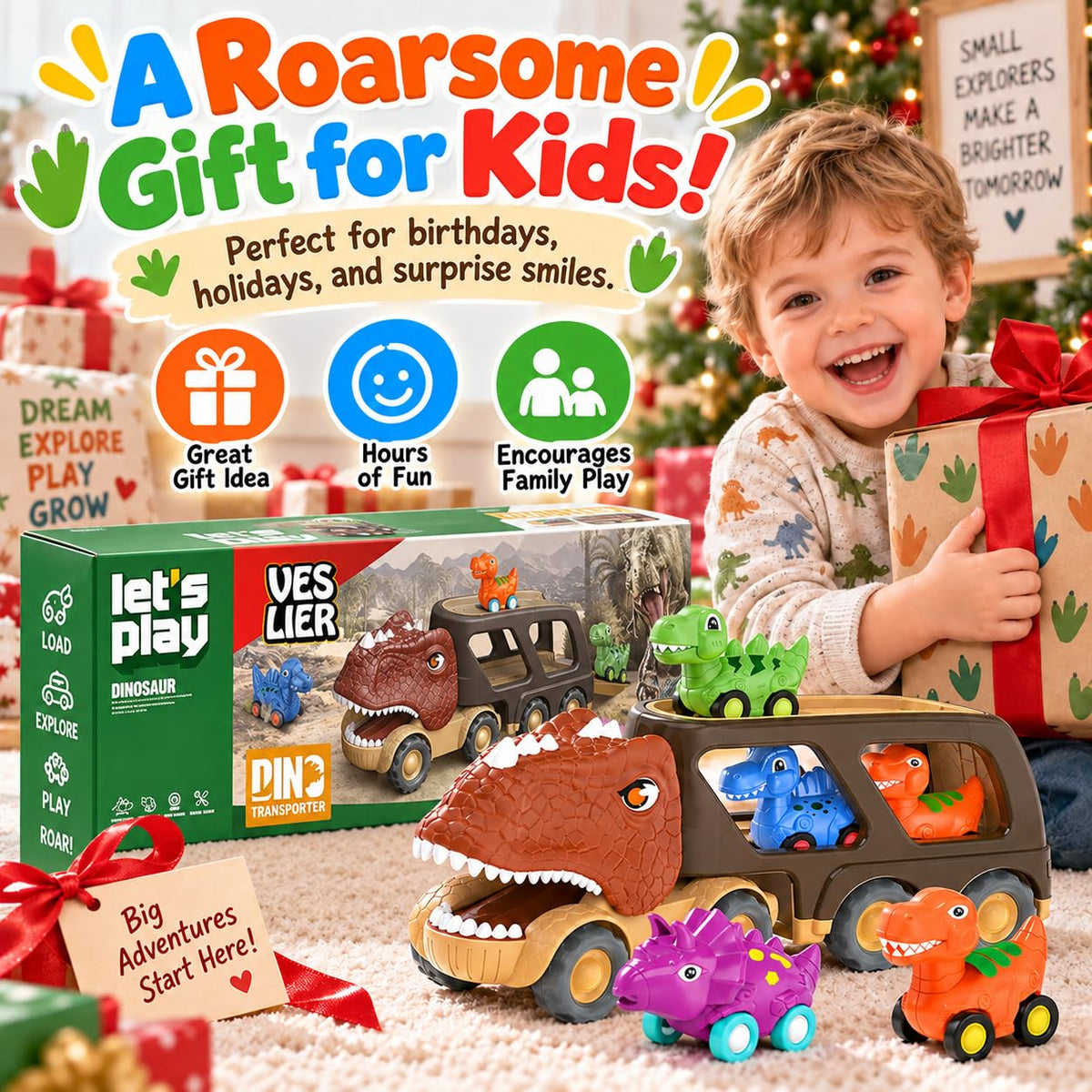 Dinosaur Truck Toy Car for Kids, Friction Power Carrier Vehicle with 4 Pack Small Pull Back Dino Car, Christmas Birthday Gift for 18M+ 2 3 4 5 Years Old Boys Toddlers 🍁 All In One Marketplace Canada